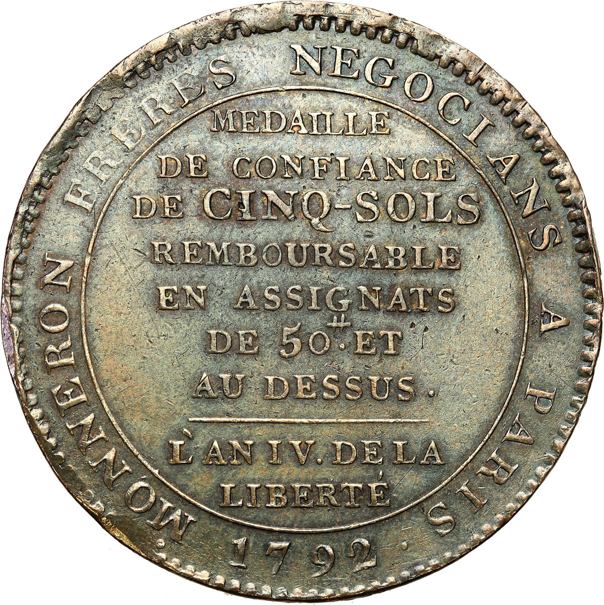 Francja. Medal o wartości 5 sols 1792 – Konstytucja Francuska